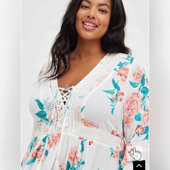 Torrid Babydoll peasant Gauze Crochet Trim Lace-Up Top sz 5 - Picture 5 of 12